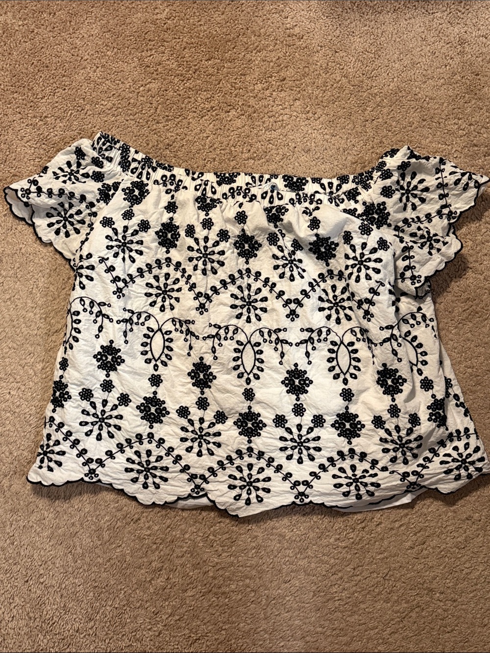 Off-Shoulder Embroidered Cotton Blouse - White with Black Embroidery